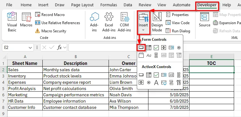 Use of Buttons to Create Table of Contents for Tabs