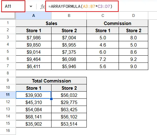 Applying ARRAYFORMULA to Simplify Matrix Manipulation