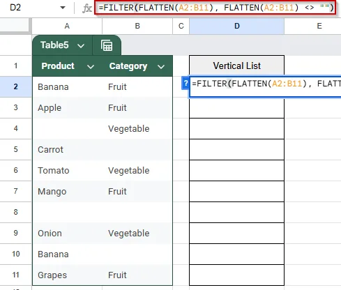 List All Cell Values in a Single Column Using FILTER and FLATTEN