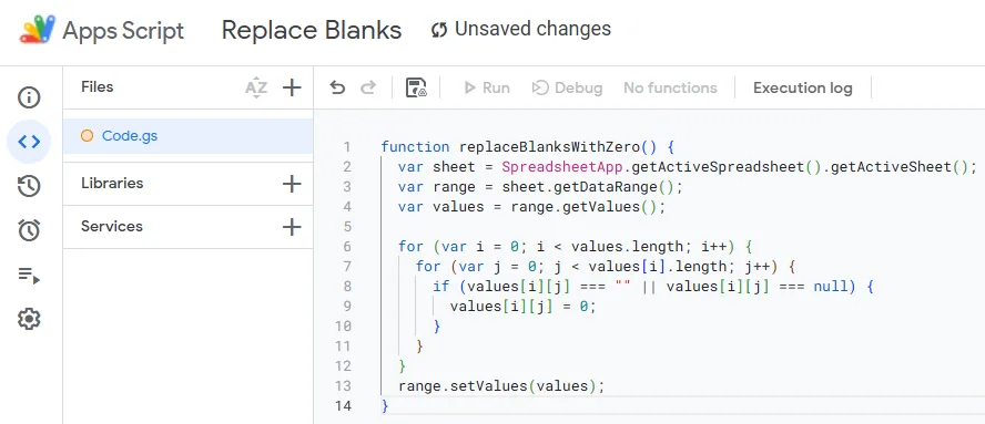 Implement Apps Script to Replace All Blank Cells with Zero (Advanced)