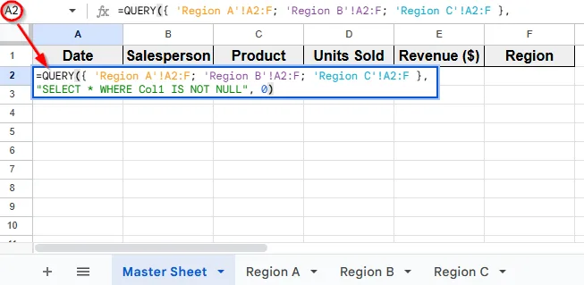 Using QUERY Function To Combine All Sheets