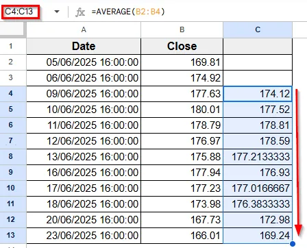 Combining GOOGLEFINANCE and AVERAGE to Calculate Moving Average