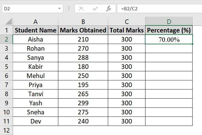Using Percent Style with Formula for Marksheet in Excel