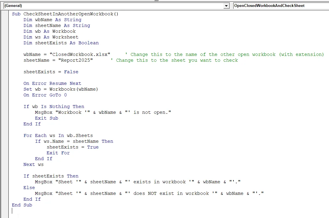 Check If the Sheet Exists in Another Open Workbook