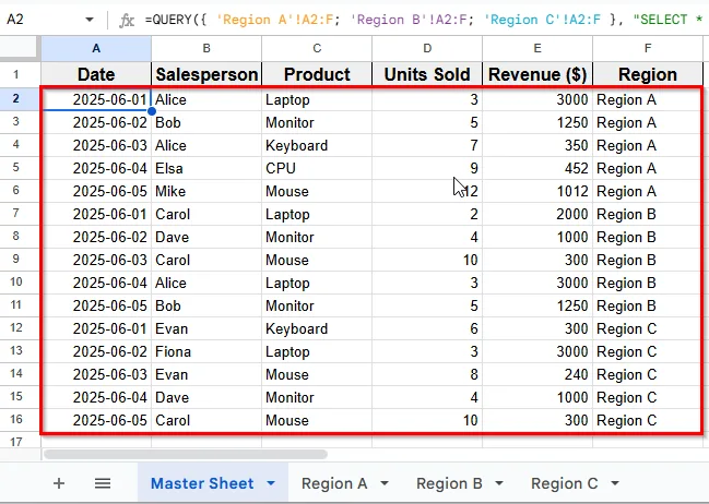 Using QUERY Function To Combine All Sheets