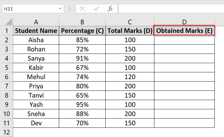 Calculate Obtained Marks from Percentage and Total Marks in Excel