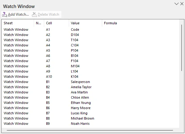 Create a Watch Window with Table Data