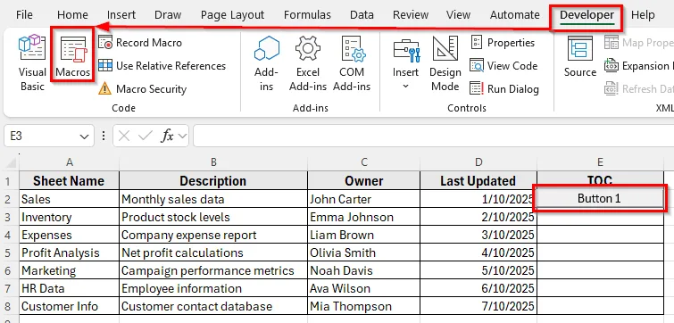 Use of Buttons to Create Table of Contents for Tabs
