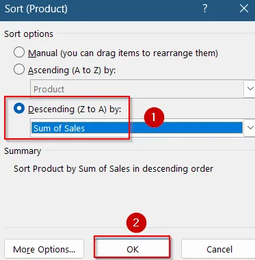 Insert a Pivot Table to Sort a Bar Chart in Reverse Order