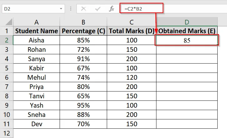 Calculate Obtained Marks from Percentage and Total Marks in Excel