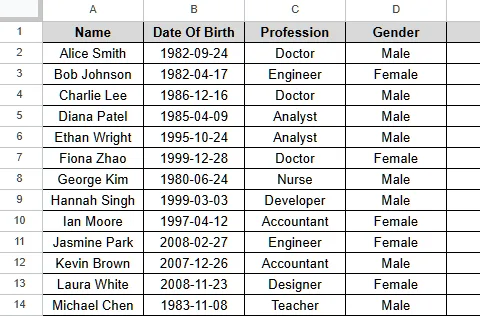 Calculate Age from Date of Birth Using DATEDIF Function in Google Sheets - 1