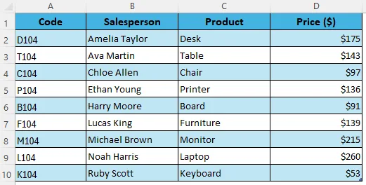 Move an Excel Table Using the Four-Sided Arrow on the Table Border