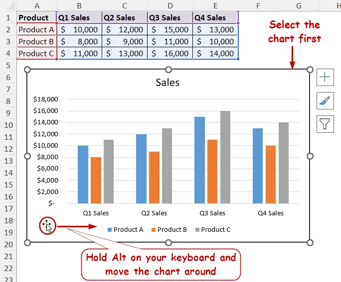 holding the alt button to move the chart aligning to a cell