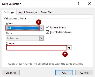 list option selection for data validation