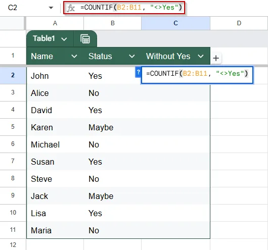 Count Cells Not Equal to Specific Text