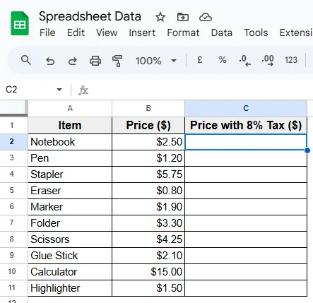 Using the Basic Formula to Multiply a Column by a Constant