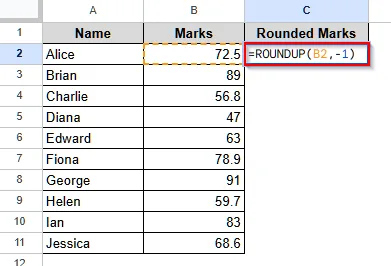 Round up to Nearest 10 Using the ROUNDUP Function in Google Sheets