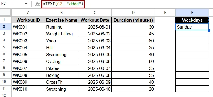 Using the TEXT Function to Extract Weekday Name