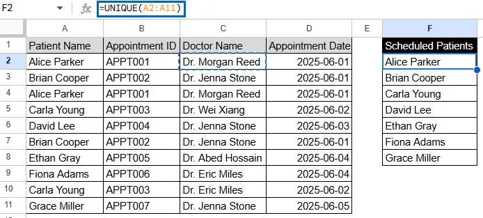 Using the UNIQUE Formula to Remove Duplicates