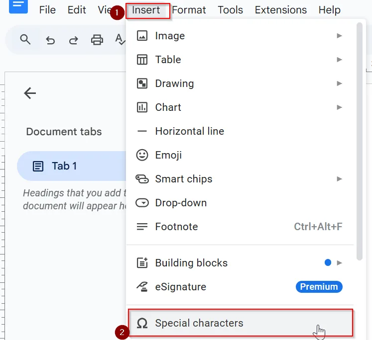 Use Google Docs' Special Characters Feature