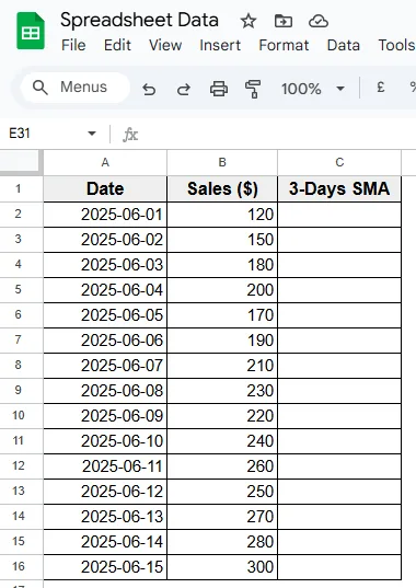 Applying AVERAGE Function To Calculate Moving Average