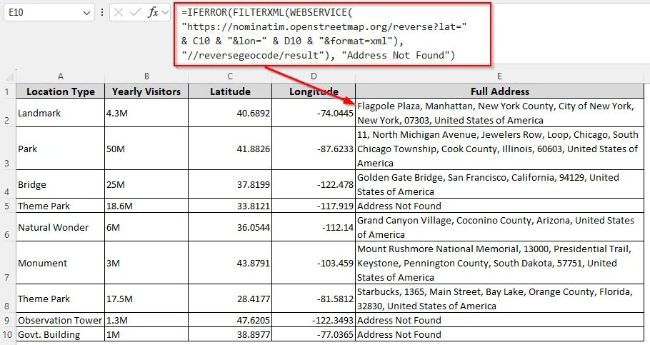 Performing Reverse Geocoding with a Native Excel Formula