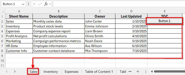 Use of Buttons to Create Table of Contents for Tabs