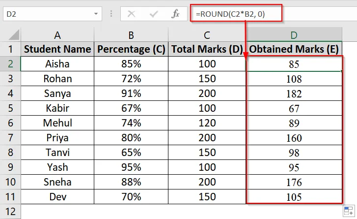 Calculate Obtained Marks from Percentage and Total Marks in Excel
