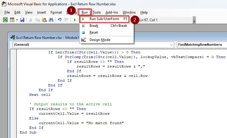 Return Row Number of Match with VBA Macro