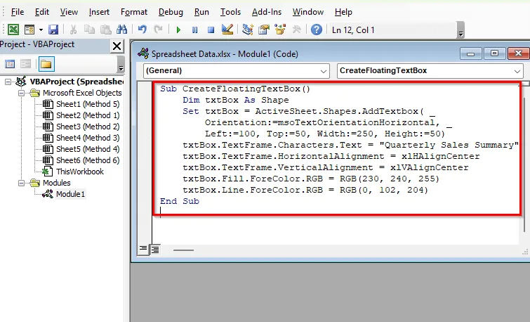 Insert Excel Text Box Using Excel VBA Editor