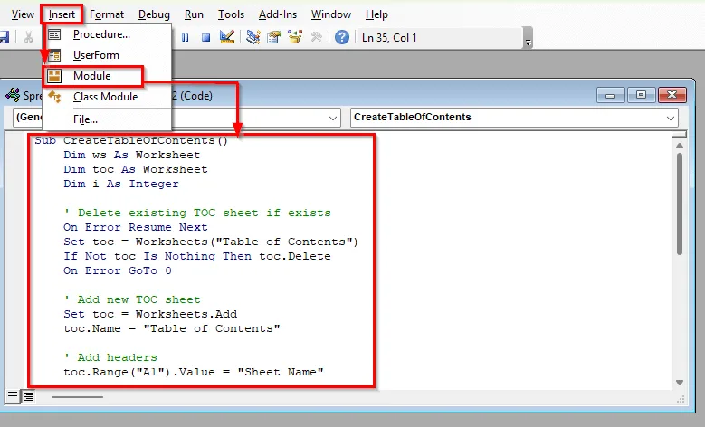 Applying Excel VBA Code to Create Table of Contents for Tabs
