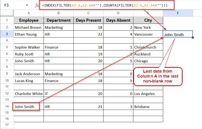 Using INDEX with FILTER to Get Last Value in Column