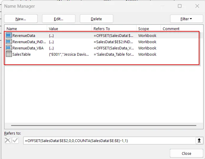 Editing or Deleting Dynamic Named Ranges in Excel