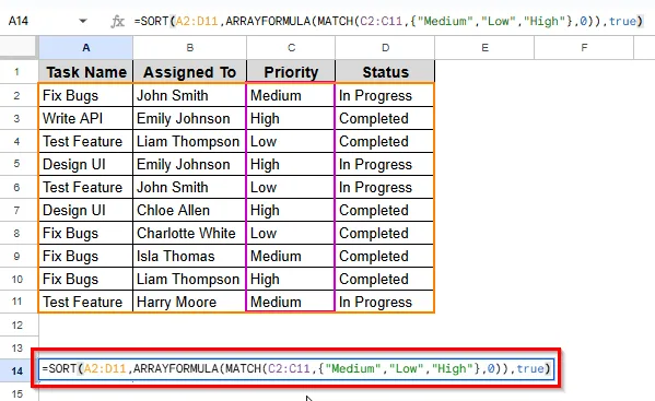 Sorting in Specific Order Using ARRAYFORMULA Function