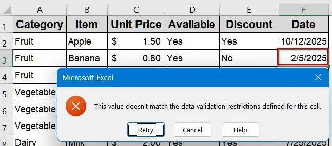 Apply Data Validation with IF Statement to Display Error Alert