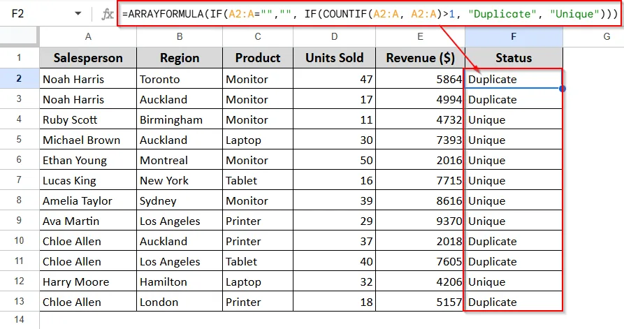 Using ARRAYFORMULA to Highlight Duplicates