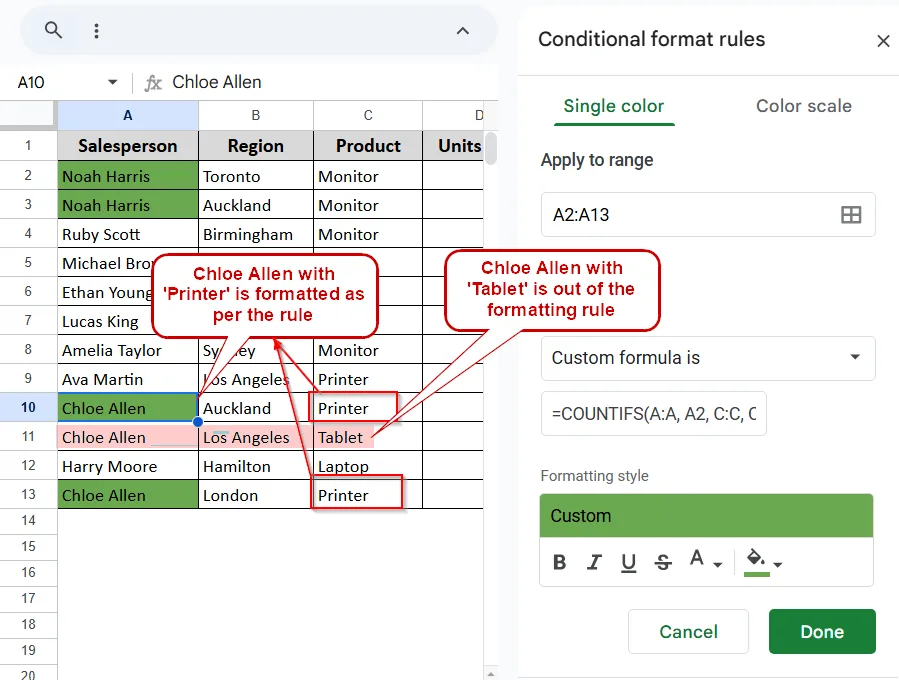 Highlight Duplicates Using Additional Criteria with COUNTIFS