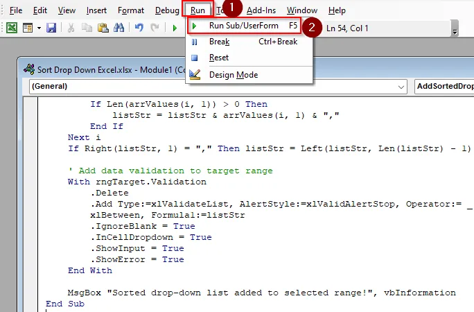 Sort Drop Down with Custom VBA Macro