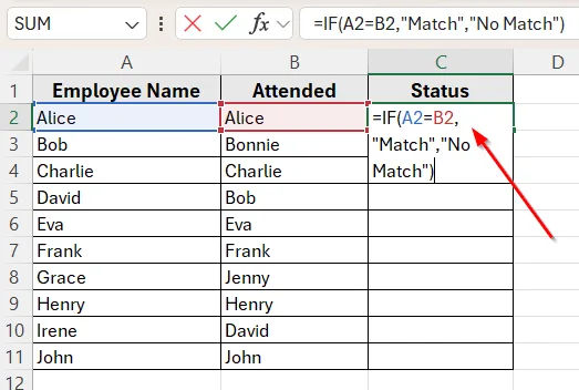 Use IF Function to Compare Two Columns and Return a Value