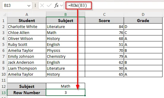 Using the ROW Function to Return Row Number for a Specific Cell