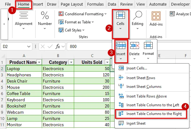 Insert a Column to a Table Using the Ribbon Menu in Excel