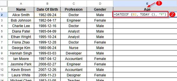 Calculate Age from Date of Birth Using DATEDIF Function in Google Sheets - 2