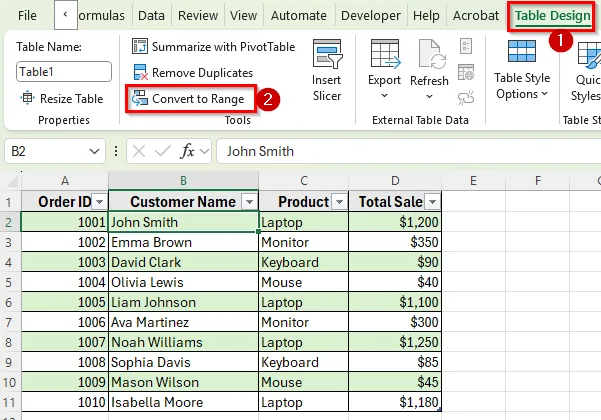 Use the Table Design Tab to Convert to Range