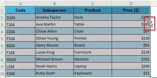 Move an Excel Table Using the Four-Sided Arrow on the Table Border