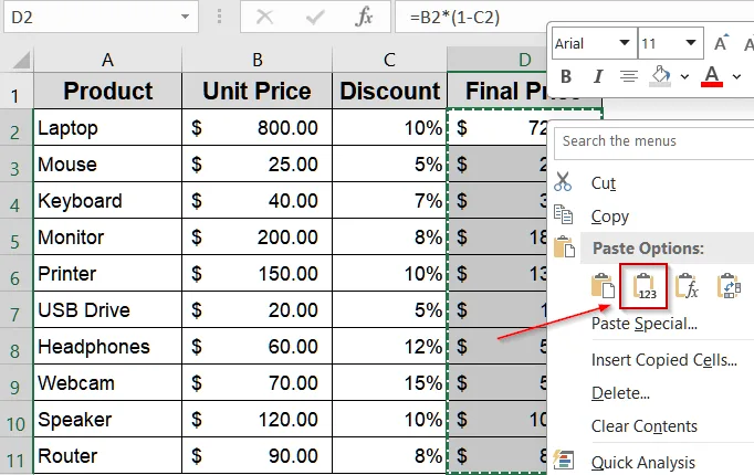 Converting Formula Results Using Copy and Paste Feature