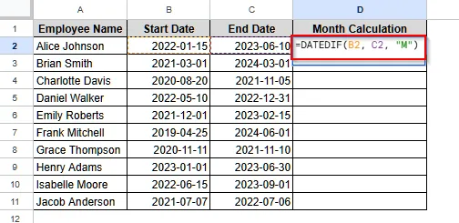 Calculate Number of Months Between Two Dates Using DATEDIF Function