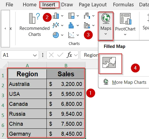 Use Excel’s Built-in Map Chart Feature
