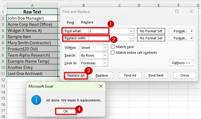 Using Find & Replace to Remove Parentheses in Excel