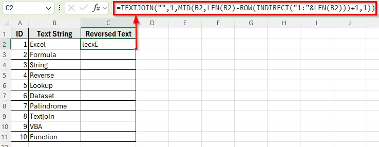 Reverse a Text String with MID and LEN Functions in Excel