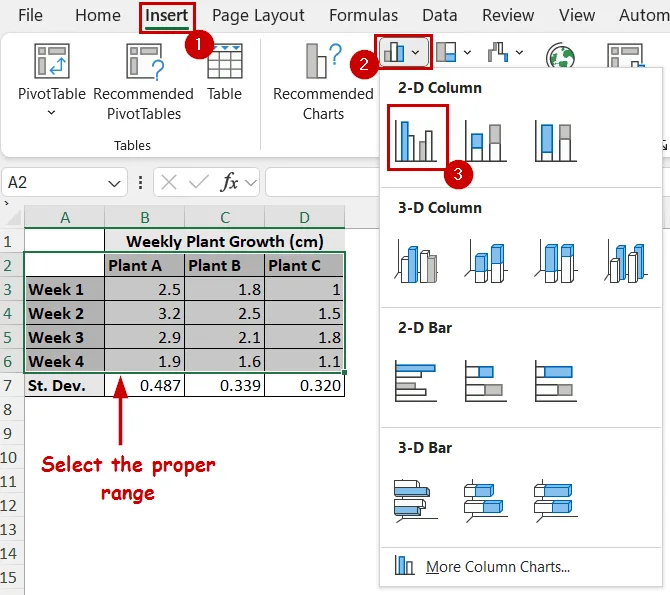 inserting a chart with the correct range